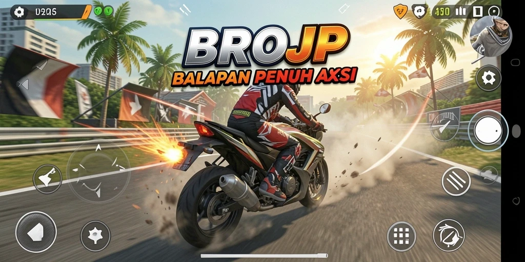 Tampilan gameplay BROJP dengan motor balap yang menegangkan.