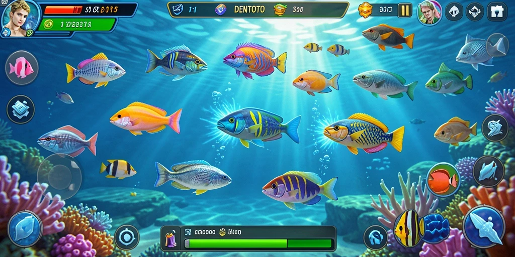 Screenshot gameplay DENTOTO menampilkan aksi menembak ikan yang seru.