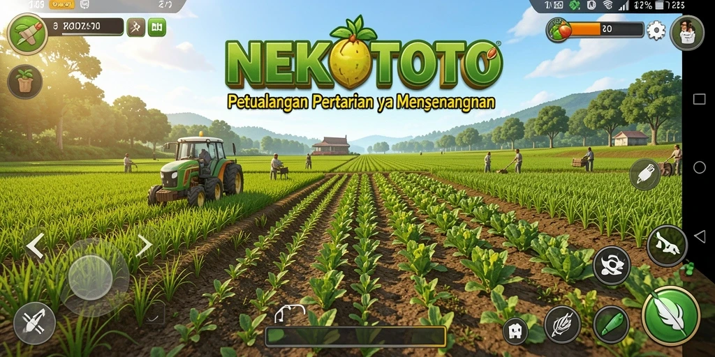 Screenshot gameplay NEKOTOTO menampilkan ladang yang subur dan hewan ternak.