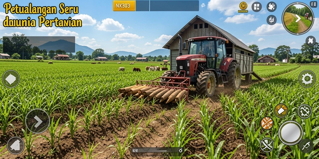 Tampilan gameplay NX303 dengan kebun yang subur dan hewan ternak yang aktif.