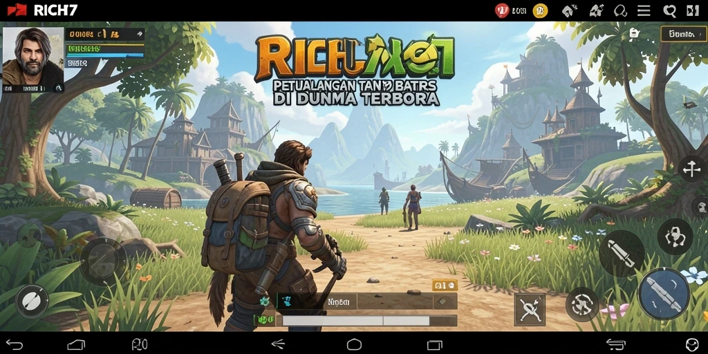 Screenshot utama RICH7 menampilkan eksplorasi dunia yang luas.