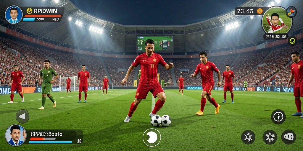 Tangkapan layar menunjukkan gameplay sepak bola yang intens dan mendebarkan.